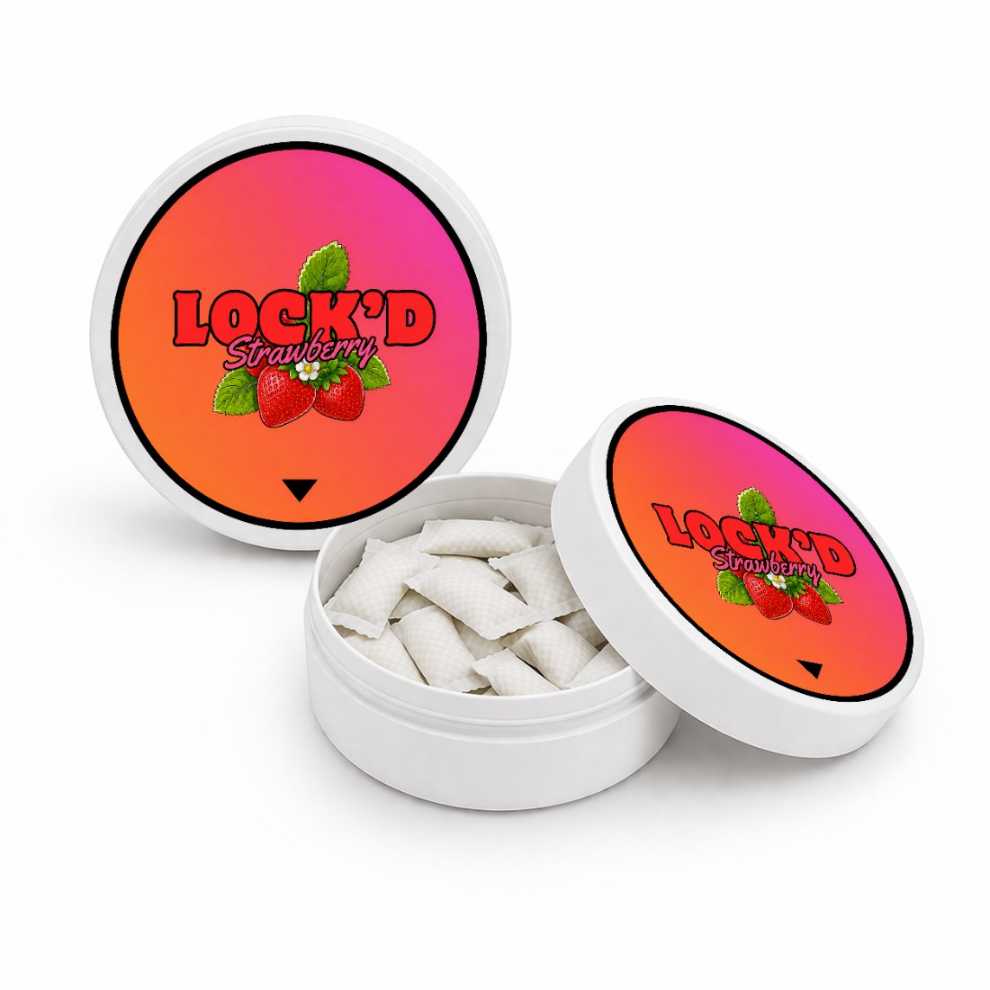 Two LOCK'D Strawberry tins, one open showing the white pouches inside